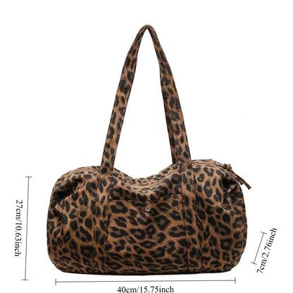 Trendy Leopard Print Canvas Shoulder Bag Large Capacity Fashion Tote Handle Bag for Daily Commute Versatile Texture Storage Bags