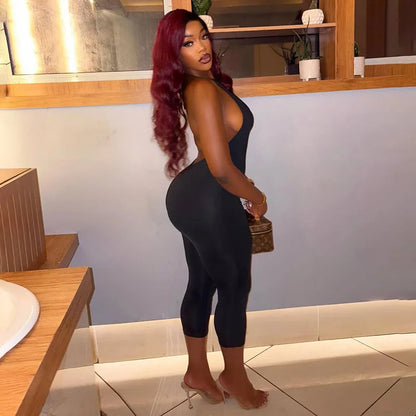 FAGADOER Sexy Solid Color Bodycon Jumpsuits Women Halter Sleeveless Backless Elasticity Romper Female Streetwear Overalls 2026