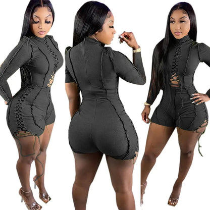 Jump Suits Women One Piece Full Sleeve Drawstring Overalls Short Pants Tight Waist Rompers Hollow Out Y2k Streetwear Sexy 2026