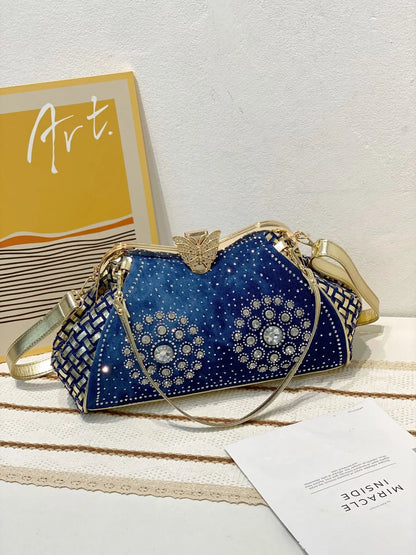 Denim Rhinestones Women Handbag Clutch Bag For Evening Party Chic Butterfly Decoration Ladies Denim  Shoulder Bag