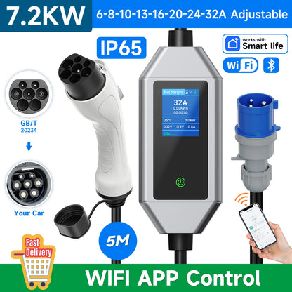 JNTAFEV Portable Charger 7.2KW 32A Type2 IEC62196-2 Electric Car Charger Type1 J1772 EV Charger GB/T CEE Plug WIFI APP Control