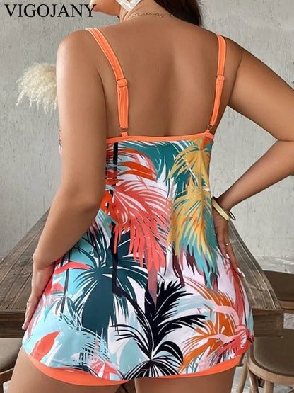 VigoJany 2026 Sexy Print 2 Piece Plus Size Tankini Women Strapped Hollow Curvy Swimsuit Brazilian Beach Lady Big Bathing Suit