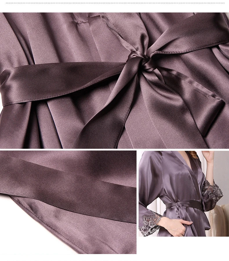 100% Silk Pajamas for Women Spring Summer Cami Nightgown & Robe Two-Piece Set Loungewear Silk Bathrobe Sleepwear