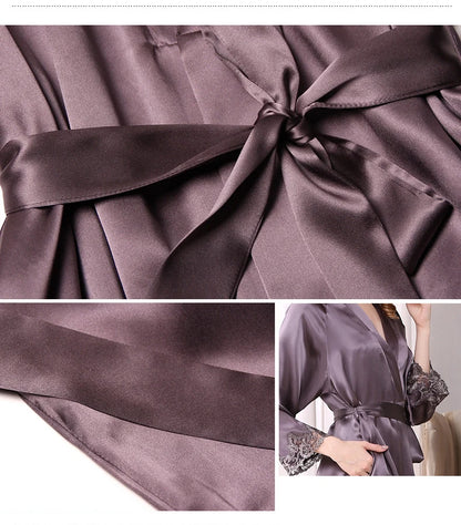100% Silk Pajamas for Women Spring Summer Cami Nightgown & Robe Two-Piece Set Loungewear Silk Bathrobe Sleepwear