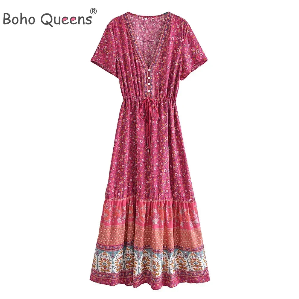 Boho Queens  Vintage Floral Print Sashes Beach Robe Bohemian Maxi Sundress Robe Ladies Cross V Neck Happie Dress Vestidos