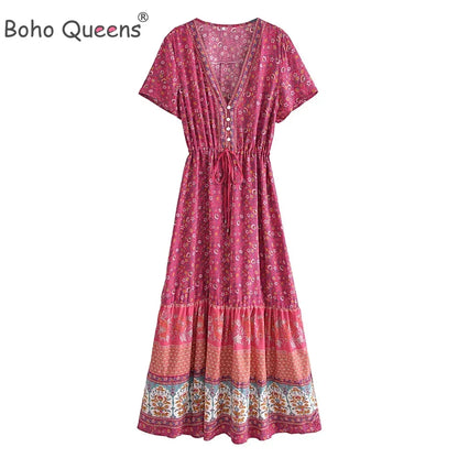 Boho Queens  Vintage Floral Print Sashes Beach Robe Bohemian Maxi Sundress Robe Ladies Cross V Neck Happie Dress Vestidos