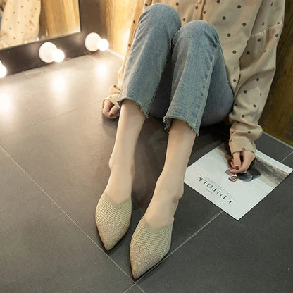 Elegant Medium Heel Women's Mules Shoes Women Designer Rhinestone Luxury Party Slippers Summer New 2025 Sandals Fashion Slipper