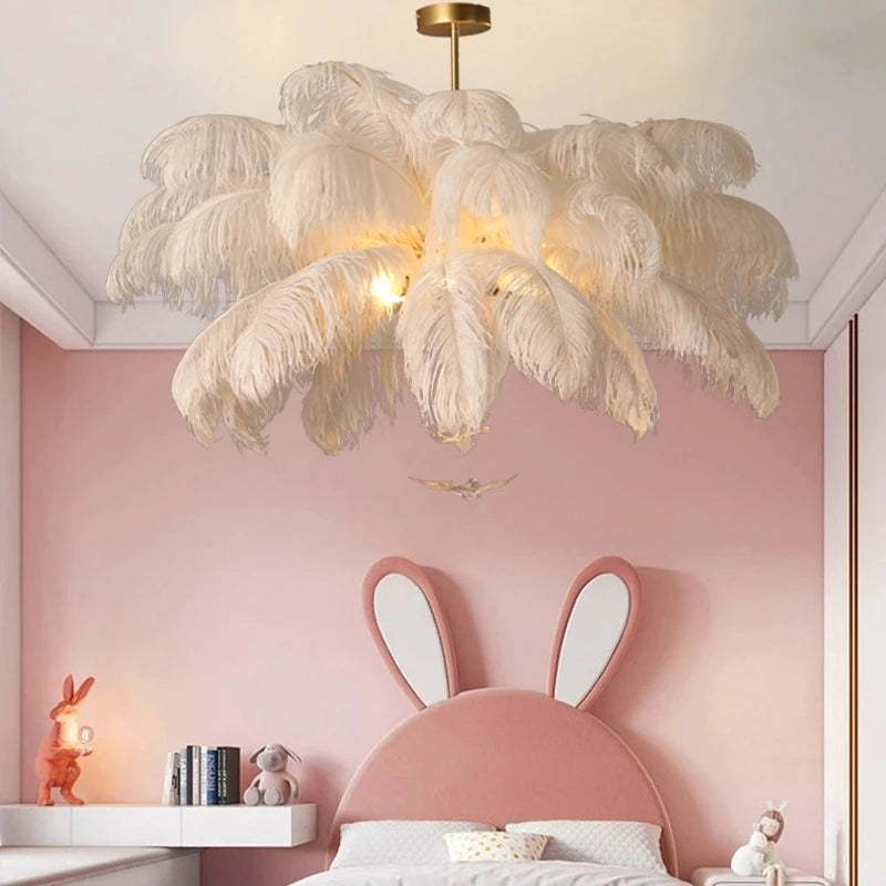 Nordic White Ostrich Feather Pendant Light Modern Led Chandelier Lights for Living Dining Room Children's Decor Hanghing Lamp
