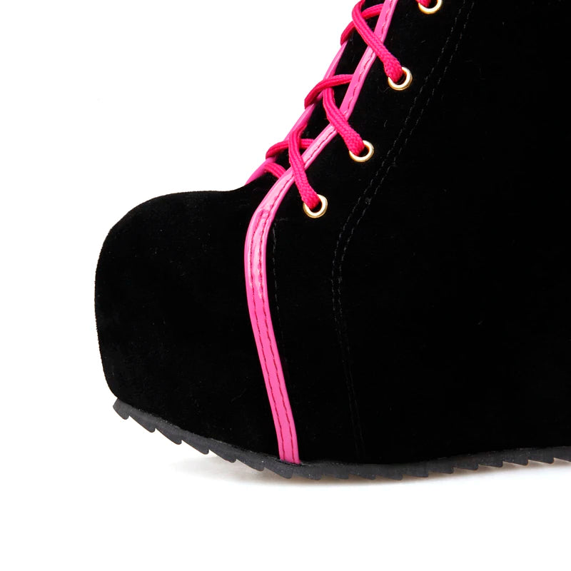 Fashion Knee High Boots Women Platform Sexy Wedge Heels Women's High Boots Lace-up Round Toe Black Dance Shoes For Girls