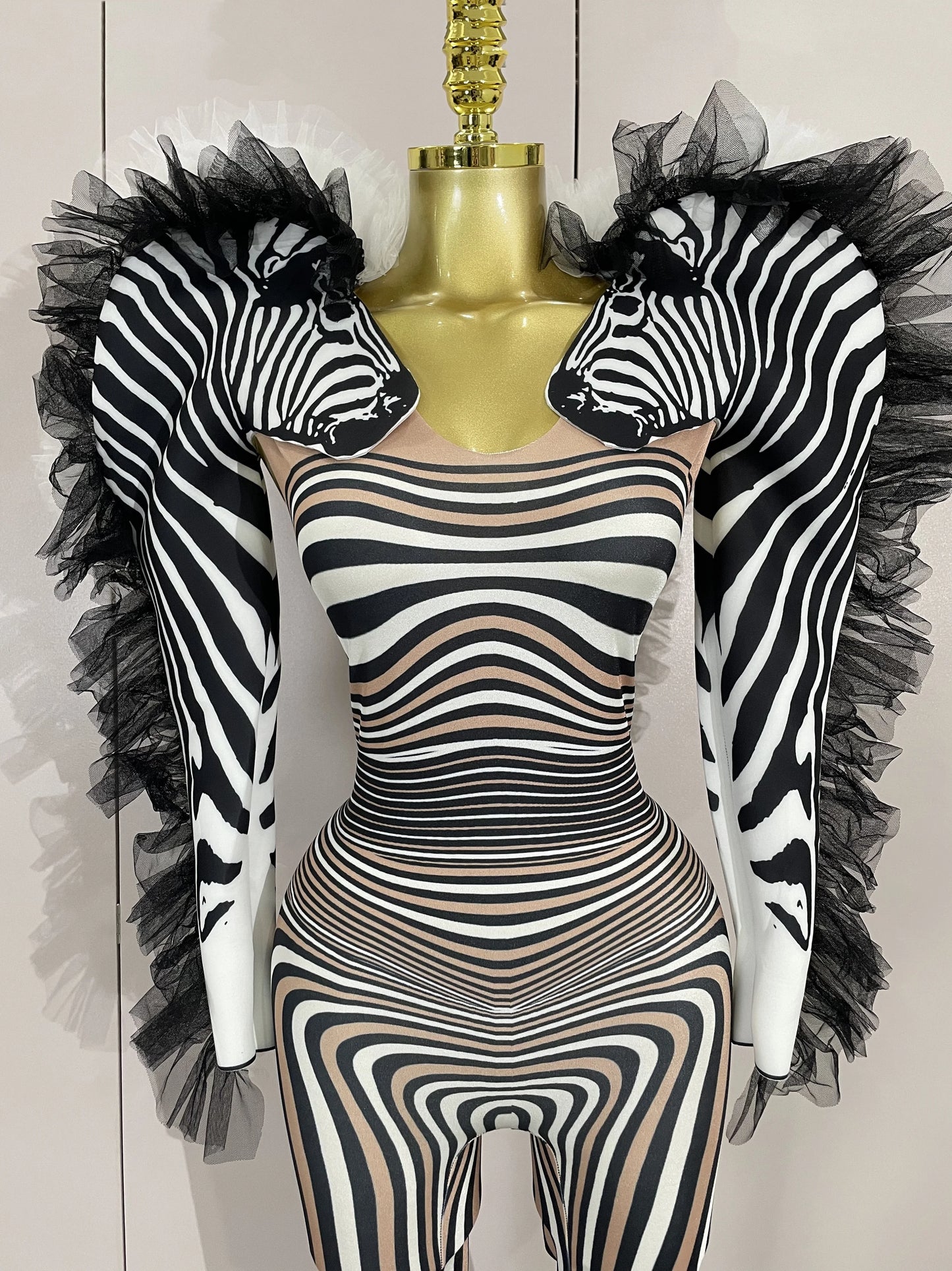 Women Zebra Stripes Long Sleeve Bodycon Jumpsuit Two Piece Set Birthday Party Nightclub Stage Performance Festival Rompers