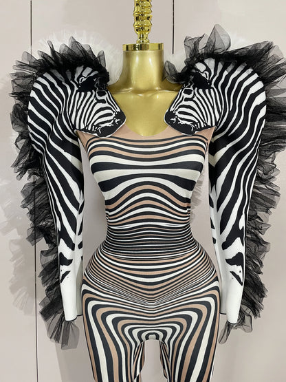 Women Zebra Stripes Long Sleeve Bodycon Jumpsuit Two Piece Set Birthday Party Nightclub Stage Performance Festival Rompers