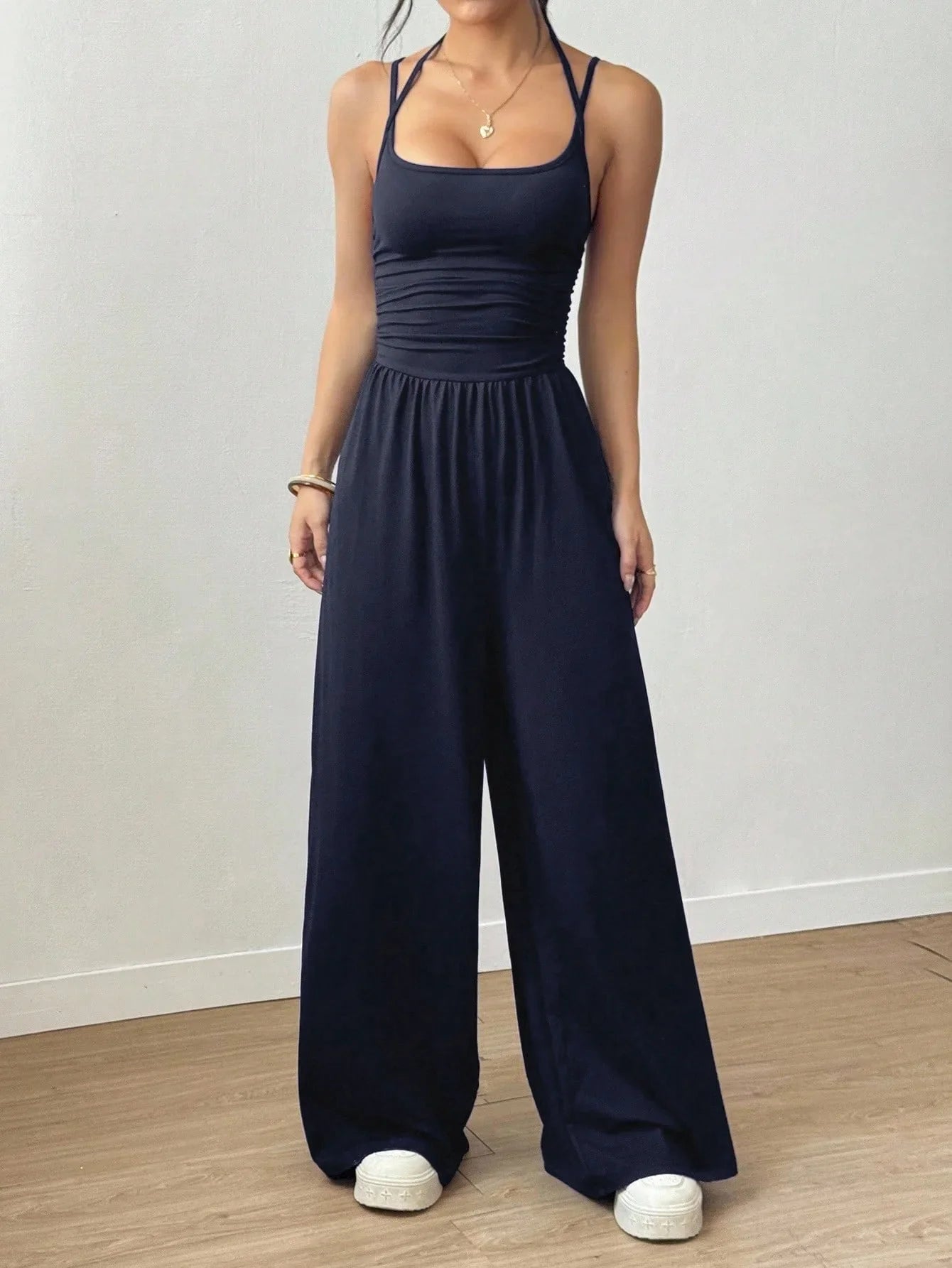 Women Halter Spaghetti Strap Jumpsuits Summer Casual Elastic High Waist Backless Wide Leg Long Pants Romper Club Party Overalls