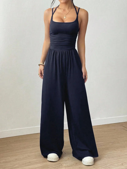 Women Halter Spaghetti Strap Jumpsuits Summer Casual Elastic High Waist Backless Wide Leg Long Pants Romper Club Party Overalls