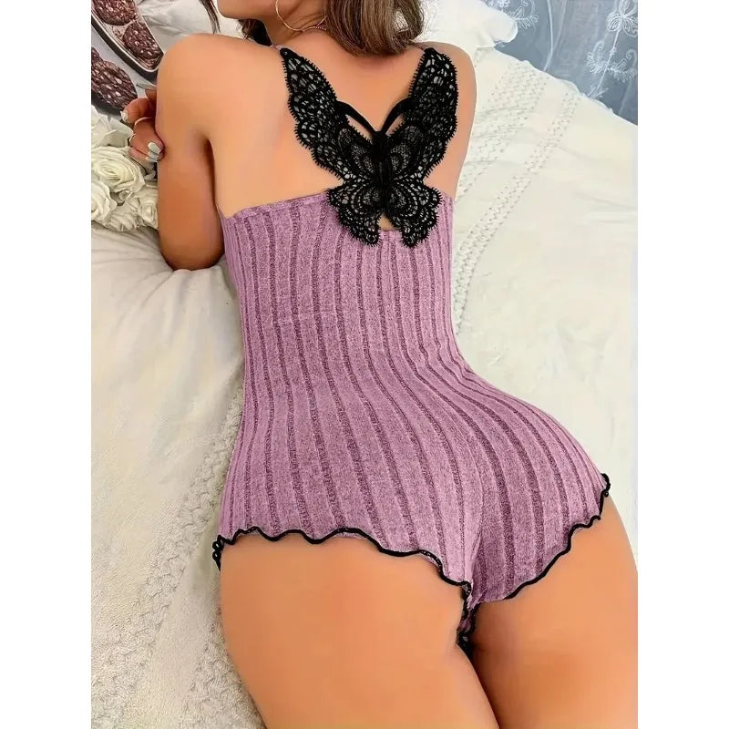 Women Ribbed Knit Bodysuit Lace Trim V Neck Sleeveless Backless High Cut One Piece Loungewear Sleepwear Home Bedroom Night Wear