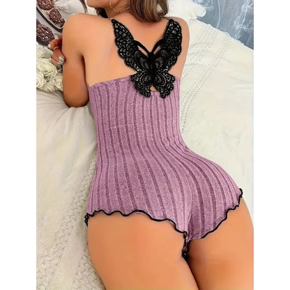 Women Ribbed Knit Bodysuit Lace Trim V Neck Sleeveless Backless High Cut One Piece Loungewear Sleepwear Home Bedroom Night Wear