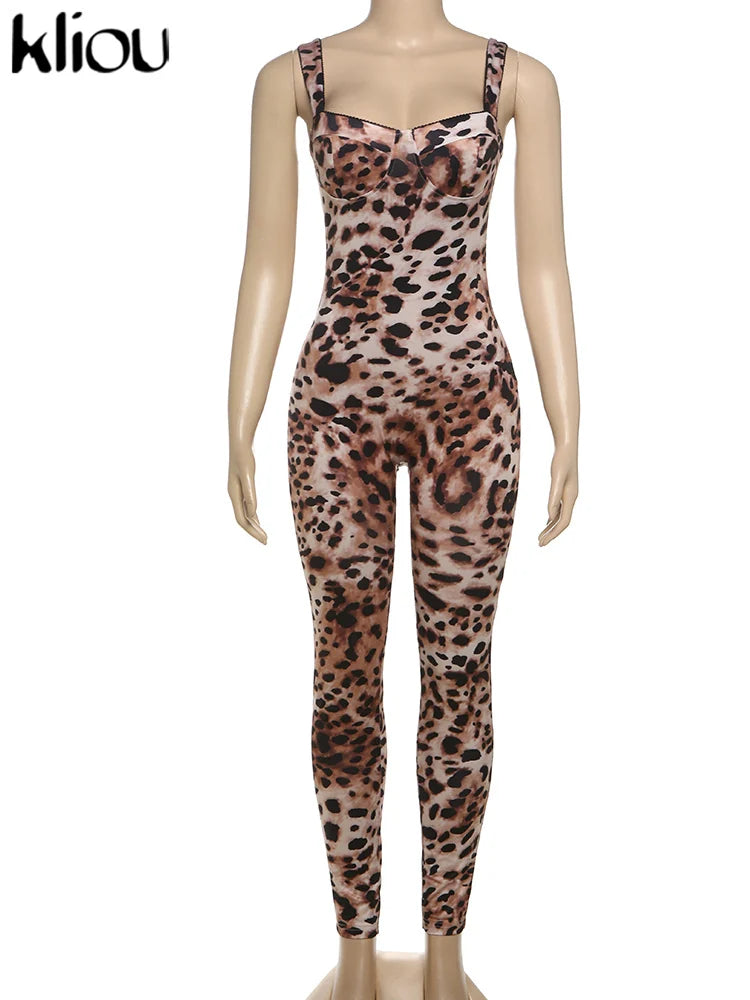 kliou Leopard Printed Women Jumpsuits Sexy Hot Popular Low Neck Spaghetti Strap Skinny Overalls Female Trend Midnight Clubwear