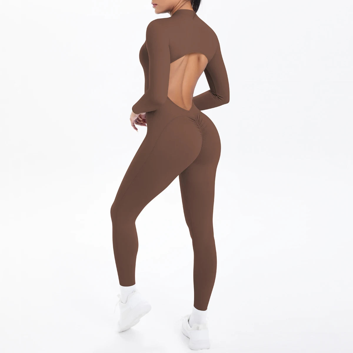 Solid Color Bodysuits for Woman's Backless Long Sleeved Zipper Yoga Jumpsuits High Dtrength Workout Sports Fitness Clothing Set