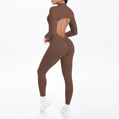 Solid Color Bodysuits for Woman's Backless Long Sleeved Zipper Yoga Jumpsuits High Dtrength Workout Sports Fitness Clothing Set