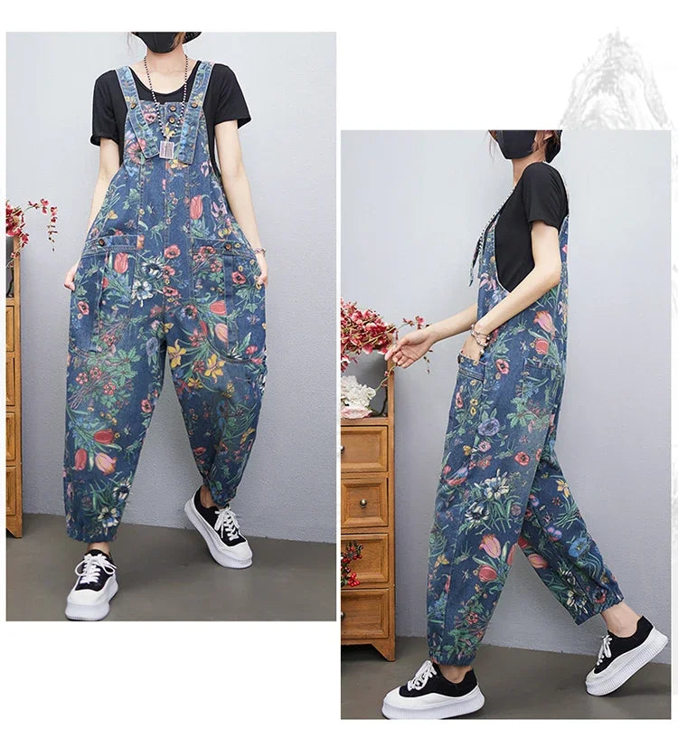 Casual Streetwear Print Floral Denim Jumpsuit Woman Loose Baggy Wide Leg Pants Rompers Big Size Pockets Straps Jeans Overalls