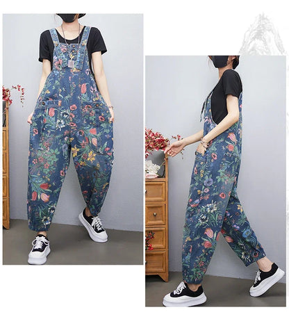 Casual Streetwear Print Floral Denim Jumpsuit Woman Loose Baggy Wide Leg Pants Rompers Big Size Pockets Straps Jeans Overalls