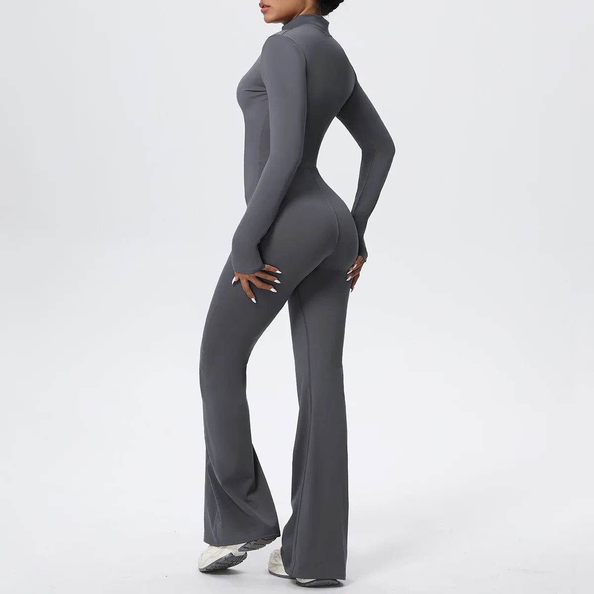 Women Long Sleeve Flare Workout Zip Up Romper Bottom Pants Wide Leg Bodysuit Bodycon One Piece Jumpsuit Activewear XP27