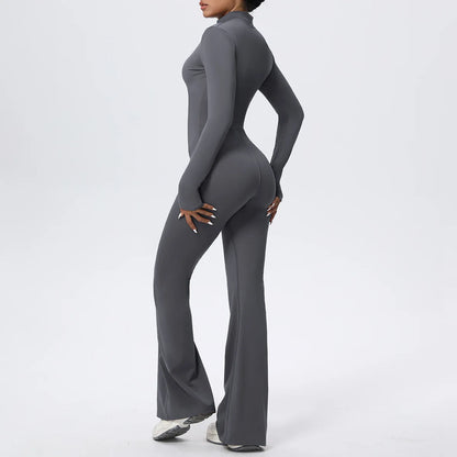 Women Long Sleeve Flare Workout Zip Up Romper Bottom Pants Wide Leg Bodysuit Bodycon One Piece Jumpsuit Activewear XP27