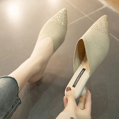 Elegant Medium Heel Women's Mules Shoes Women Designer Rhinestone Luxury Party Slippers Summer New 2025 Sandals Fashion Slipper