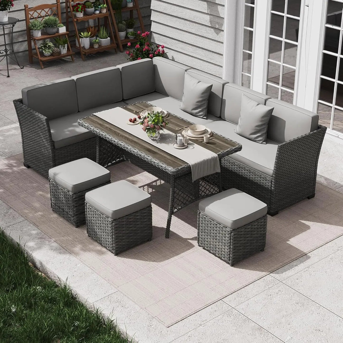 7 Piece Patio Furniture Set, Outdoor PE Wicker Rattan Outdoor Dining Set, Patio Table and Chairs Set, Patio, Customized