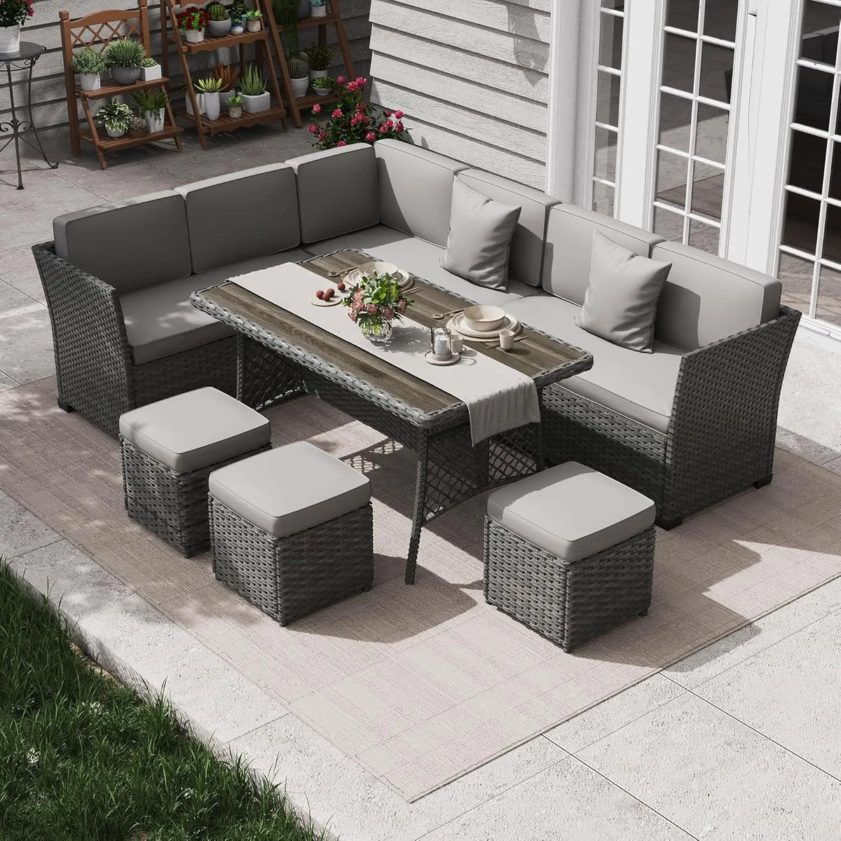 7 Piece Patio Furniture Set, Outdoor PE Wicker Rattan Outdoor Dining Set, Patio Table and Chairs Set, Patio, Customized