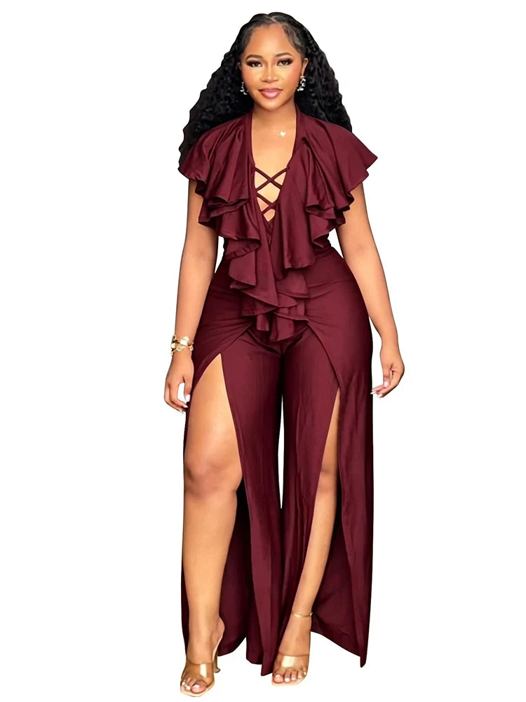 Plus Size Jumpsuit Woman Sexy Ruffle Trim Jumpsuit Deep V Neck Cross Lace Up High Slit Ladies Wide Leg Jumpsuit Dress Loungewear