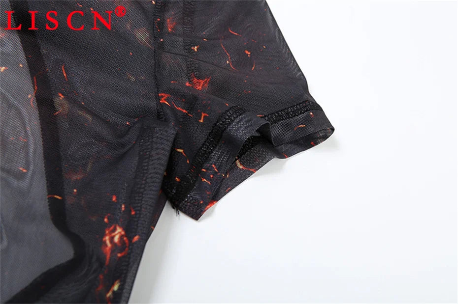 10 Wholesale Items Jumpsuits Women Summer 2025 Short Sleeve Bodycon Sexy Y2k Printing Mesh See Through Backless Rompers K15151