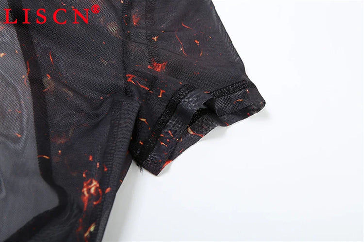 10 Wholesale Items Jumpsuits Women Summer 2025 Short Sleeve Bodycon Sexy Y2k Printing Mesh See Through Backless Rompers K15151