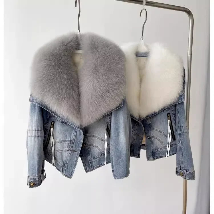 Winter Thickened Short Denim Jacket Fashion  Parkas Jeans Jacket Luxury Fur Coat Removable Fur Collar Cotton Jacket New