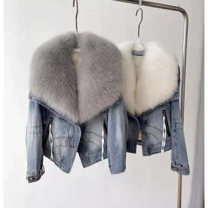 Winter Thickened Short Denim Jacket Fashion  Parkas Jeans Jacket Luxury Fur Coat Removable Fur Collar Cotton Jacket New