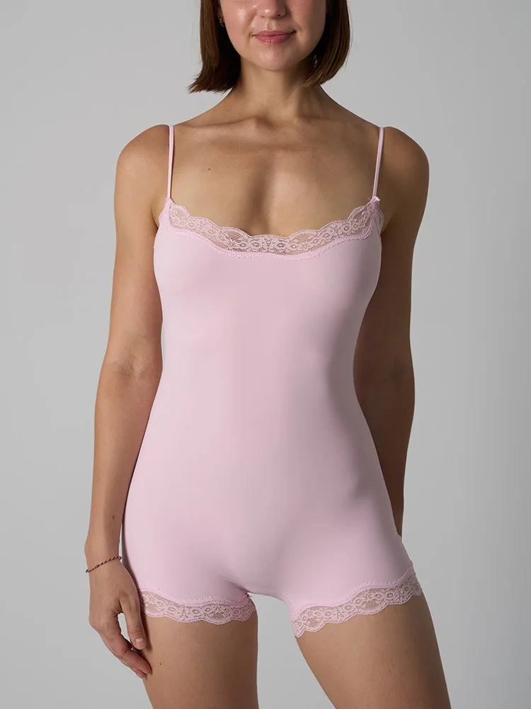 Hot Women Sexy Lace Patchwork Bodysuit Sports FitnessSkinny Shaperwear Camisole Square Neck Spaghetti Strap Slimming Bodycon