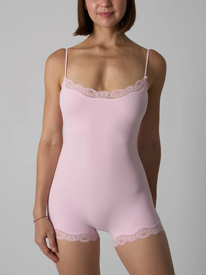Hot Women Sexy Lace Patchwork Bodysuit Sports FitnessSkinny Shaperwear Camisole Square Neck Spaghetti Strap Slimming Bodycon