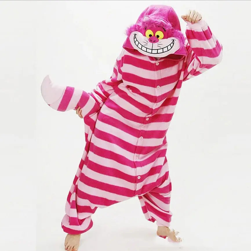 Cheshire Cat Cartoon One-Piece Pajamas Flannel Men and Women  Home Wear Autumn and Winter Home Clothing for Autumn and Winter