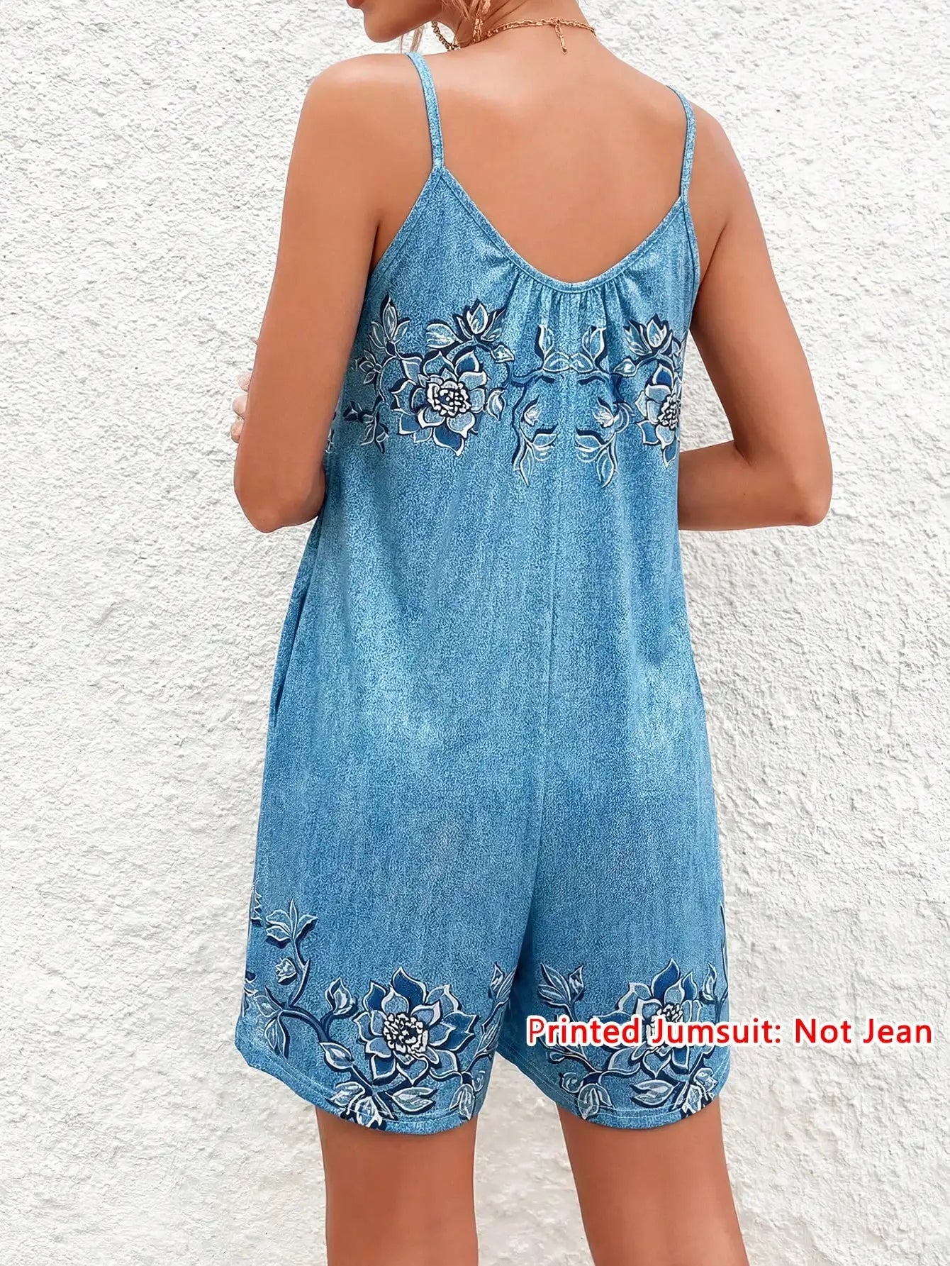 Women's Faux Denim Floral Print Spaghetti Strap Romper, Casual Sleeveless U-Back Short Jumpsuit with Pockets