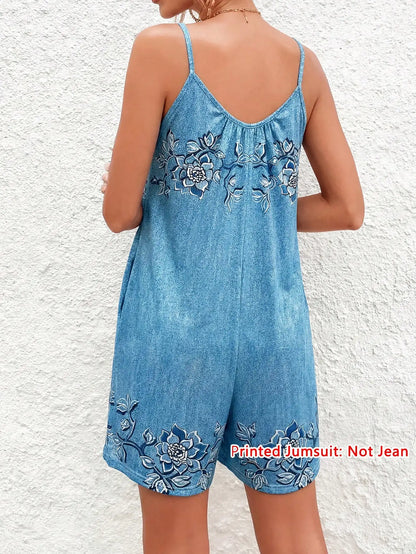 Women's Faux Denim Floral Print Spaghetti Strap Romper, Casual Sleeveless U-Back Short Jumpsuit with Pockets