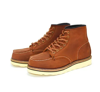 Men's Goodyear-Welted Vintage Genuine Leather Mid-calf Motorcycle Boots Round toe Casual Punk Dress Boots Work Shoes Western Red