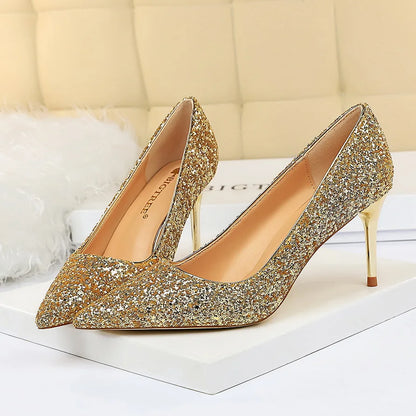 Women 7cm 9.5cm High Heels Pumps Wedding Bridal Scarpins Sparkly Mid Heels Lady Party Sequins Glitter Evening Gold Silver Shoes