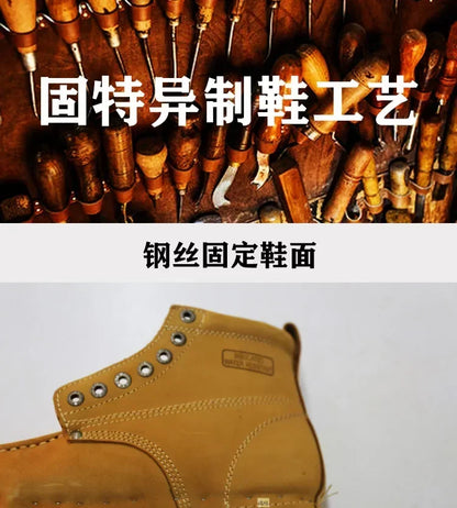 Men's Goodyear-Welted Vintage Genuine Leather Mid-calf Motorcycle Boots Round toe Casual Punk Dress Boots Work Shoes Western Red