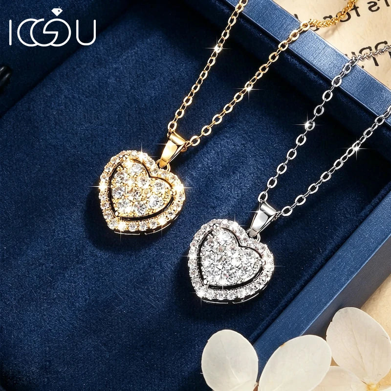 IOGOU Romantic Full Moissanite Halo Heart-Shaped Pendant Necklace Certified Lab Created Diamond Necklace for Women Jewelry Gifts