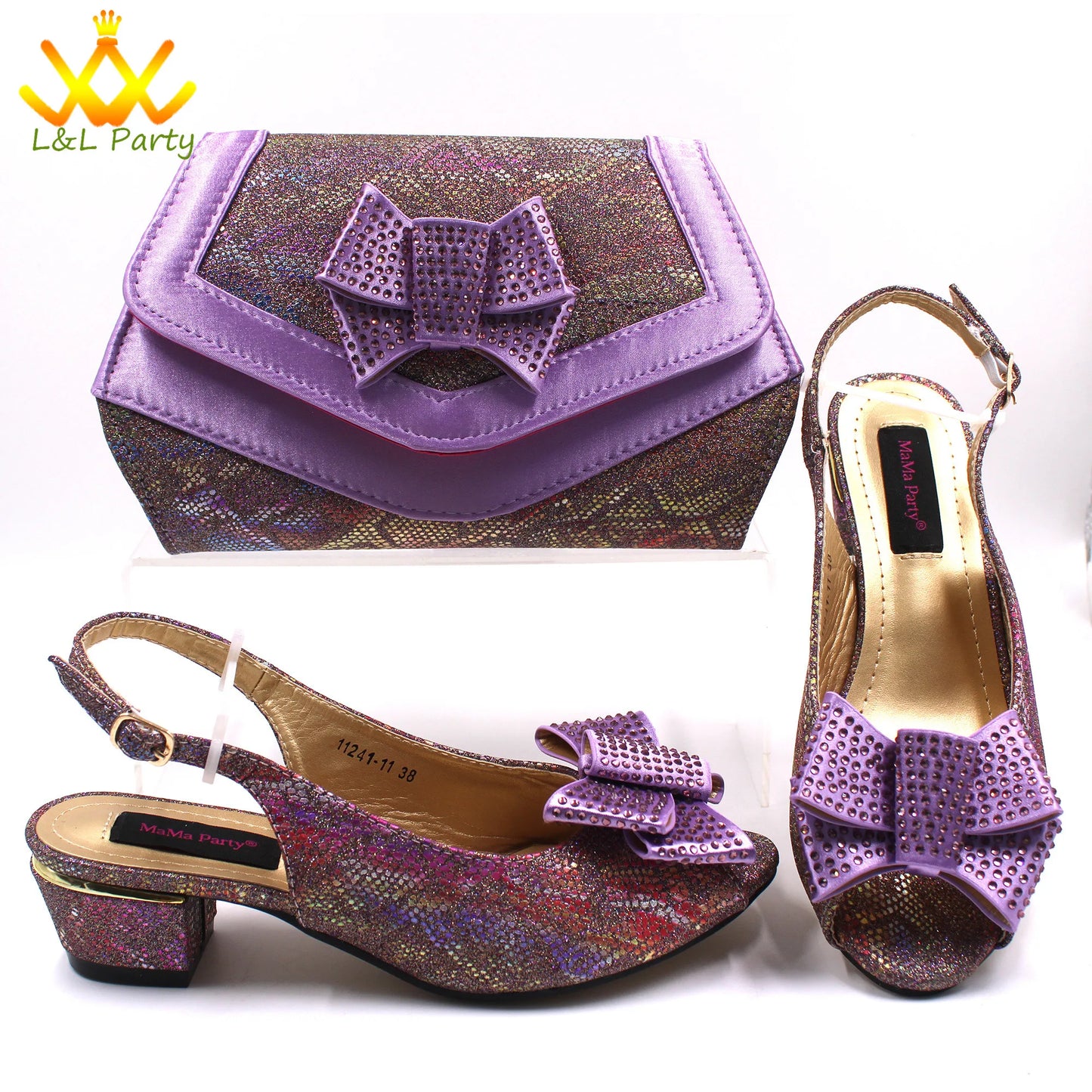 Pink New Arrivals Nigerian Women Shoes and Bag Set Italian Design Low Heels with Crystal Peep Toe Sandals for Party