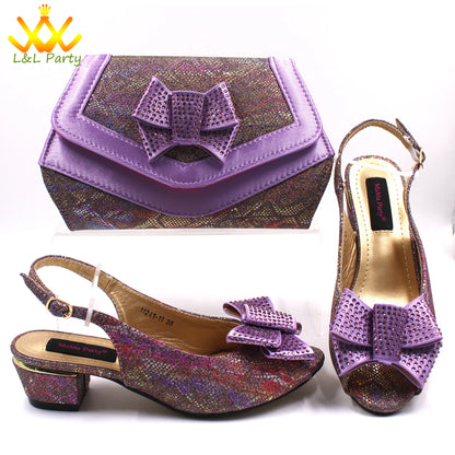 Pink New Arrivals Nigerian Women Shoes and Bag Set Italian Design Low Heels with Crystal Peep Toe Sandals for Party
