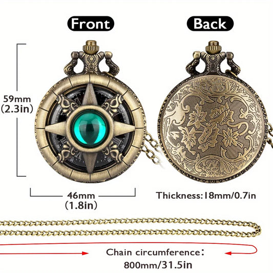 Bronze Vintage Compass Star Pocket Watch Red Gem Hollow Roman Numerals Quartz With Chain Steampunk Retro Men Pendant Watch