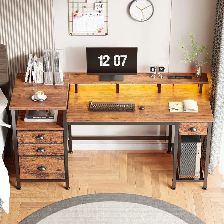 60" Computer Desk with 4 Drawers, Power Outlet, LED