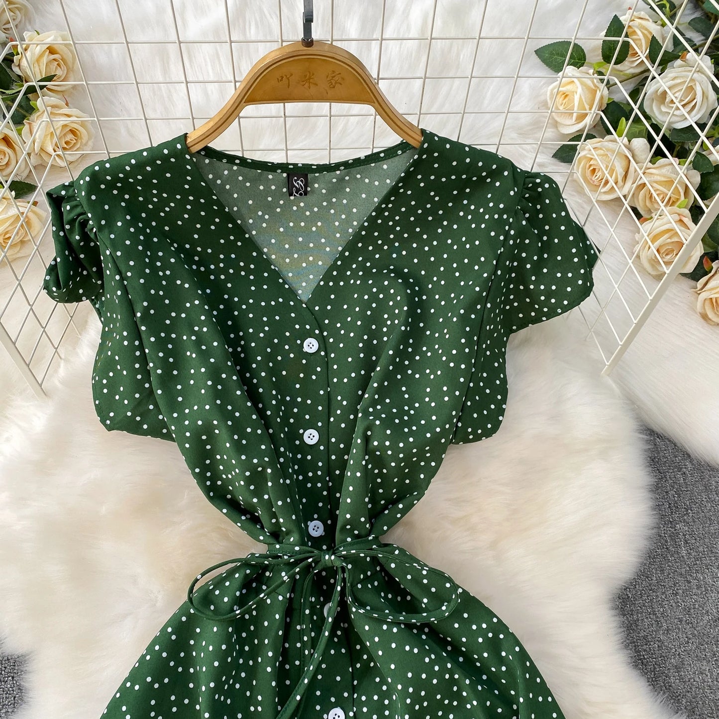 Summer Women Polka Dot Long Dress Vintage V-Neck Flying Sleeve High Waist Single Breasted A-Line Casual Vestidos Female Robe New