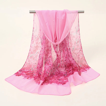 Summer Floral Printed Scarf Elegant Lightweight Chiffon Silk Shawls Travel Beach Sunscreen Towel Fashion Headband Turban