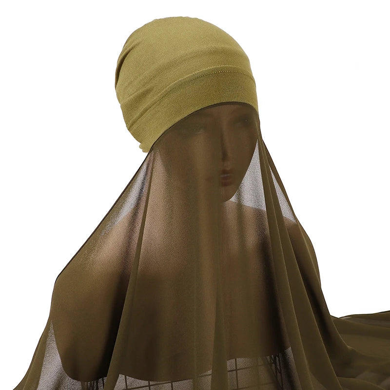 Muslim Women Bonnet + Chiffon Shawl Instant Under Scarf Cap Islam Inner Scarf Headband Stretch Hijab Cover Headwrap Turbante